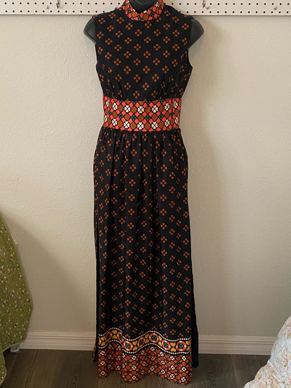Melissa Lane S boho overlay Maxi Dress Orange Black Patterned Waistband READ VTG